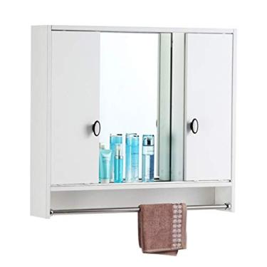 Imagem de Armário de espelho de banheiro, armários de remédios, espelho de banheiro montado na parede, armário de porta deslizante, armário de armazenamento de cosméticos de madeira maciça (branco 80 x 13 x 70