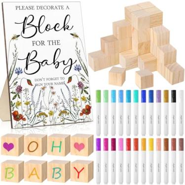 Imagem de Qilery Kit de placas de jogos de chá de bebê, 75 peças, incluindo placa de jogo de flores silvestres, mesa de madeira, 50 blocos de madeira em branco, faça você mesmo, 24 marcadores de tinta acrílica