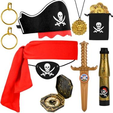 Imagem de Lavwix 8 peças de acessórios de fantasia de capitão pirata, chapéu de pirata, elástico para os olhos, moedas, bússola, telescópio ajustável para festa de Halloween, cosplay, artigos para dramatização