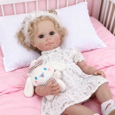 Imagem de Boneca Bebê Reborn Princesa Menina Corpo de Silicone Realista Pintado Presentes para Meninas Cabelo Implantado Loiro Olhos Castanhos 55cm