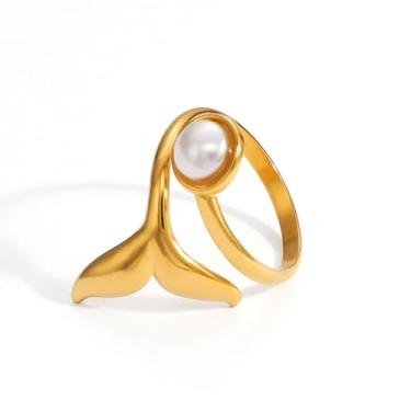 Imagem de Anel moderno de cauda de peixe de sereia de aço inoxidável ajustável imitação aberta imitação de pérola de água doce empilhamento faixa de dedo envoltório confortável anéis modernos aniversário