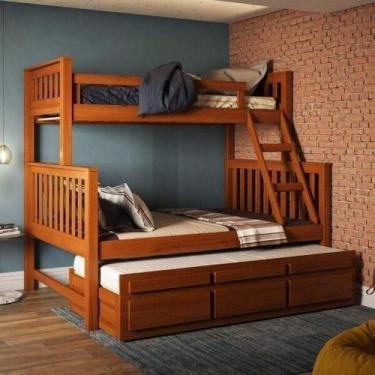 Imagem de Treliche Com Cama De Casal Com 3 Gavetas 100% Madeira Maciça Castanho 