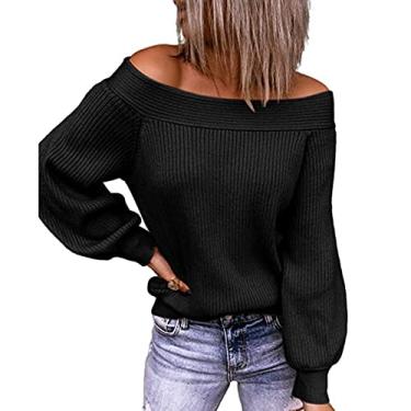 Imagem de Suéter feminino sem alças com decote em barra e patchwork, manga lanterna, solto, casual, outono, inverno, cinza, G