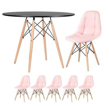 Imagem de Loft7, Kit Mesa Eames 100 cm preto + 5 cadeiras estofadas Eiffel Botonê rosa
