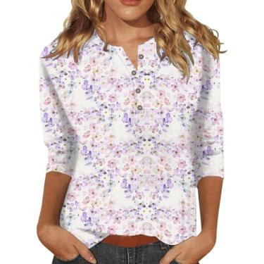 Imagem de Camisetas femininas 2024 verão estampa floral botão gola V manga 3/4 camiseta fofa férias tops modernos, A1 - roxo, GG
