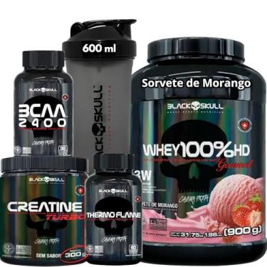 Imagem de Kit Suplemento Whey Protein 100% HD POTE Gourmet + Creatina Monohidratada Turbo 300g + Termogênico Thermo Flame + Bcaa 2400 + Coqueteleira Shaker (900, Whey Sorvete de Morango)