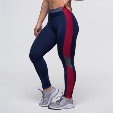 Imagem de Calça Legging Fitness Dily Poliamida Azul Marinho com Recortes Cinza e