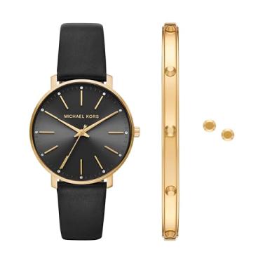 Imagem de Michael Kors Caixa de aço inoxidável Pyper dourada feminina e pulseira de couro preto e conjunto de presente de joias (modelo: MK1077SET), Preto, Assista