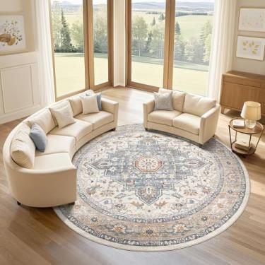Imagem de Tapete redondo para sala de estar: 3 m lavável boho neutro círculo grande macio interior envelhecido resistente a manchas tapete de casa de fazenda para quarto berçário crianças sala de jogos