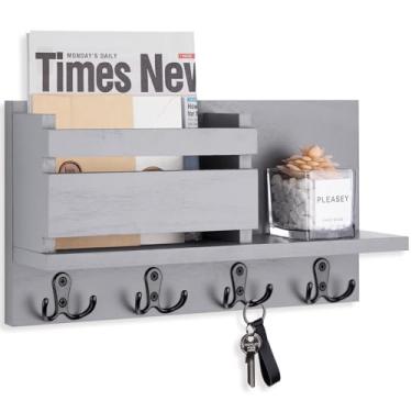 Imagem de Porta-chaves e correspondências para decoração de parede – Suporte de parede rústico, organizador de cartas de madeira com 4 ganchos para chaveiros para decoração de casa de fazenda (42 x 23 x 8,6 cm