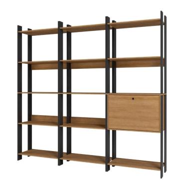 Imagem de Kit 3 Estantes para Livros 1 Porta 15 Prateleiras Estilo Industrial Lâmina Madeira/Pret...