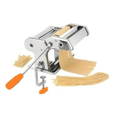 Imagem de Máquina De Macarrão Manual Cilindro Inox Multiuso Para Massas Caseiras 3 Tipos Lasanha Talharim Com Ajuste De Espessura