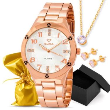 Imagem de Kit Relógio Eura Rose Feminino Detalhe Na Caixa + Colar e Brinco, Bran