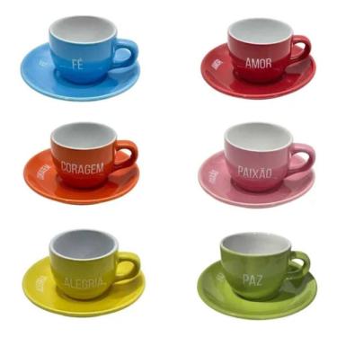 Imagem de Conjunto 6 Xícaras com Pires Momentos Cerâmica para Chá Café Expresso Cappuccino 90ml Colorida Nadir
