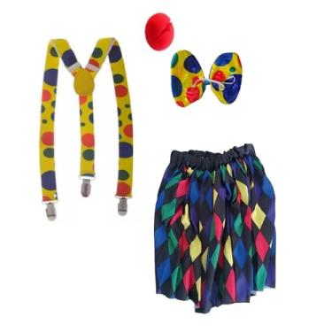 Imagem de Fantasia De Palhaça C/Saia 40 Cm Suspensório Colorido Gravata Borboleta e Nariz Espuma 4pçs Circo Festas Palhaço