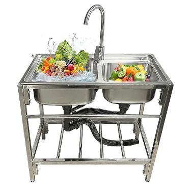 Imagem de TsoLay Pia de cozinha pia dupla pia de acampamento pia de restaurante comercial com suporte pia industrial, pia de lavagem para cozinhas, lavanderia, garagem, pia, piscina