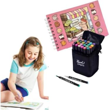 Imagem de Kit Canetinhas Ponta Dupla Para Pintar Marca Texto De 24 Cores + 2 Livro De Colorir Capa Dura 50 Páginas.