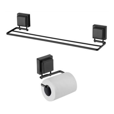 Imagem de kit banheiro preto fosco ventosa 2 peças porta toalha banho duplo e po
