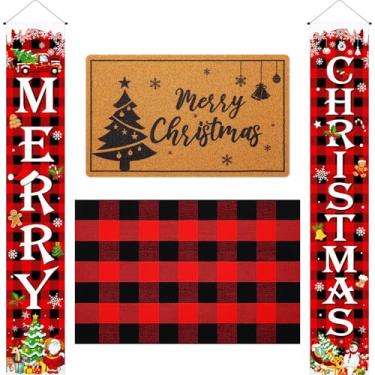 Imagem de Hahafelt 3 peças de tapete de porta de Natal, faixa de alpendre, faixa de Natal, capacho xadrez buffalo, vermelho e preto, para decoração de férias internas e externas, decoração de varanda de entrada