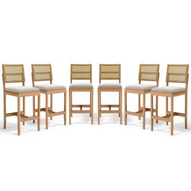 Imagem de Kit Com 6 Banqueta Milena Madeira Maciça Assento Estofado Encosto De Tela Palha Sextavada