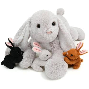 Imagem de Coelho de Pelúcia Gigante de 60 cm com 3 Coelhinhos Pequenos e Fofos, BENINY, Cinza