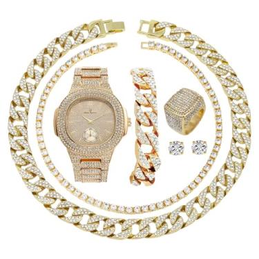 Imagem de Relógio masculino de metal com caixa oblonga Bling-ed Out com pulseira de corrente cubana combinando, colar cubano, corrente de tênis e tamanho do anel - 8475CRNTG, Dourado, 9, Moderno