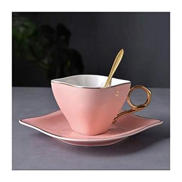 Imagem de Caneca de café expresso de cerâmica com pires e colher de aço 193 g, caneca artesanal exclusiva xícara de chá de flor, caneca novidade para mulheres avó mães caneca de café (cor: cinza)