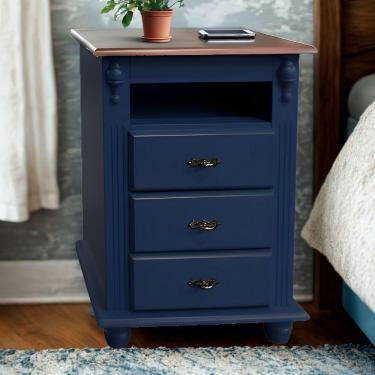 Imagem de Mesa De Cabeceira Com Nicho E Pés Torneados - Azul Bic Com Tampo Castanho Envelhecido