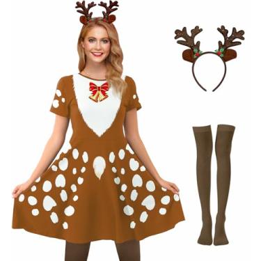 Imagem de For G and PL Fantasia feminina de elfo natalino, manga curta, vermelho, verde, vestido rodado com faixa de cabeça e meias listradas, Veado de Natal, M