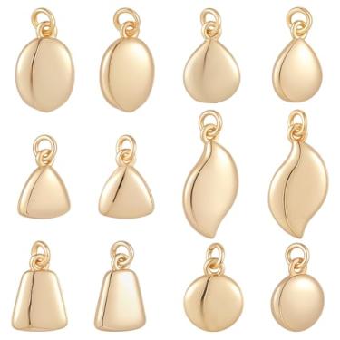 Imagem de Beebeecraft 1 caixa 12 peças de pingentes geométricos banhados a ouro 18 K real com anéis de salto de metal de folha redonda pingente de gota para fazer joias, artesanato, colares, pulseiras, brincos