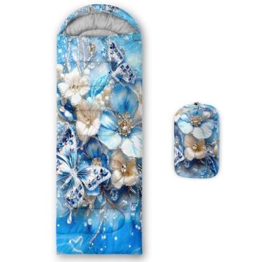 Imagem de QOOMO Sacos de dormir de acampamento com estampa de borboleta azul, clima quente e frio, leve, sacos de dormir à prova d'água para adultos e crianças, viagens e ao ar livre, equipamentos de