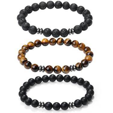 Imagem de XIANNVXI Pulseira masculina de contas 3/4 peças 8 mm conjunto de pulseiras de contas de pedra para homens olho de tigre Lava Rock Obsidiana Pulseira de cristal preto com contas elásticas para homens