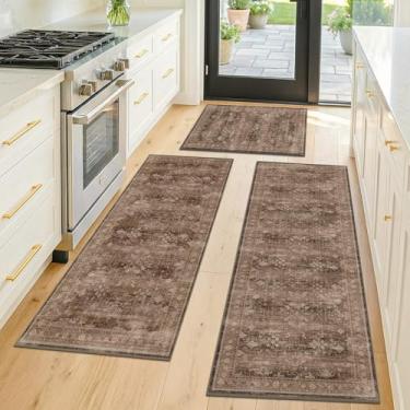Imagem de JTJ Conjunto de 3 tapetes de cozinha laváveis e antiderrapantes, marrom envelhecido, tapetes macios para decoração rústica de casa de fazenda, pia de cozinha, corredor e lavanderia