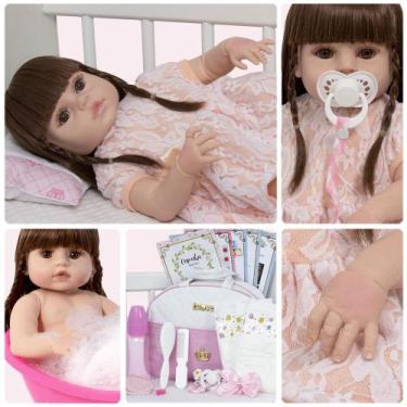 Imagem de Bebe Reborn Realista Menina Cabelo Castanho Bolsa 20 Itens - Cegonha R