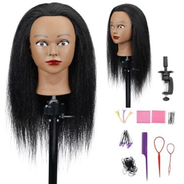 Imagem de ZOUMU Cabeça de manequim de cabelo real 70% de 35,5 cm – Cabeça profissional de treinamento de cosmetologia para prática de trança, corte e penteado, cabeça de boneca para prática de cabelo humano de