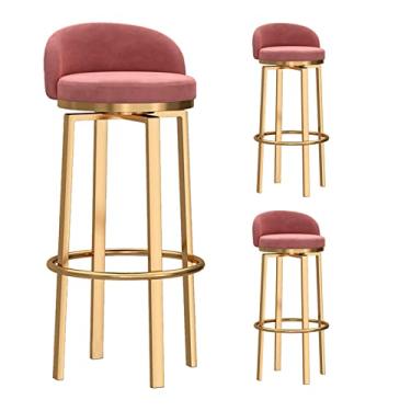 Imagem de Conjunto de 3 bancos de bar com altura de balcão, bancos de bar estofados giratórios de 360° com encosto e pernas de metal, altura do assento de 65 cm, rosa