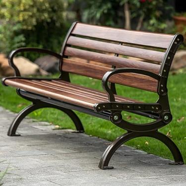 Imagem de Bancos de metal ao ar livre à prova de intempéries pátio parque banco de jardim com encosto e apoios de braços banco de varanda assento de ripas fácil de montar (180 cm/71 pol)