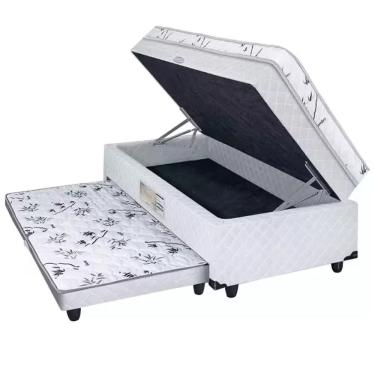 Imagem de Cama Box Baú Solteiro Conjugado com Cama Auxiliar Bicama 3 em 1 Matelassê Branco com Co...