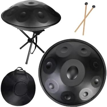 Imagem de Tambor de mão de 22 polegadas, D menor 9/10/12 notas Tambores de mão de aço com bolsa de tambor de mão, 2 marretas, suporte de tambor de mão, 432Hz/440Hz Handpan percussão, preto - 10 notas,
