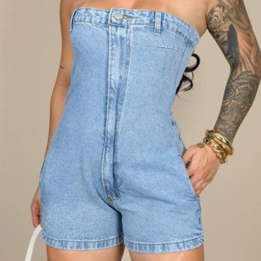 Imagem de Macaquinho Feminino Jeans Curto Zíper Frontal - Seller Primium, Jeans,