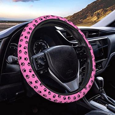 Imagem de Foruidea Capa de volante de carro com estampa de pata de cachorro rosa neoprene capa de volante automotivo antiderrapante e absorção de suor capa de envoltório de carro para a maioria dos carros de 38