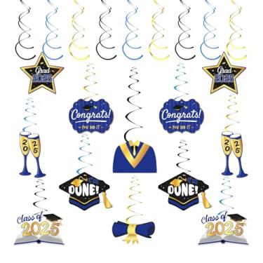 Imagem de 30 peças 2025 turbilhões pendurados turma de 2025 parabéns suprimentos para festa de graduação parabéns faculdade ensino médio I'm Done decorações de festa de pós-graduação (azul)