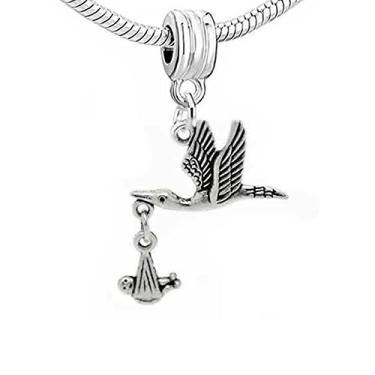 Imagem de Sexy Sparkles Cegonha voadora com pingente de bebê pendurado para pulseira de pingente de corrente de cobra, Liga metálica de zinco
