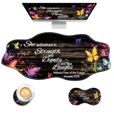 Imagem de CICPLKSE Mouse pad com suporte de pulso + tapete de mesa + porta-copos conjunto 3 em 1, 2GG grande mousepad ergonômico para mesa, computador, laptop, escritório, borboleta floral, versículo bíblico,