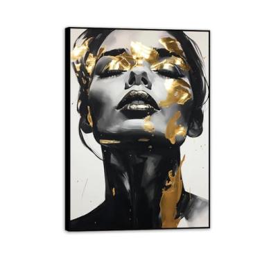 Imagem de Rosto feminino com pôster de retrato dourado pinturas em tela abstratas modernas imagens de arte de parede para sala de estar decoração de casa 85 x 60 cm (33 x 24 pol), moldura preta
