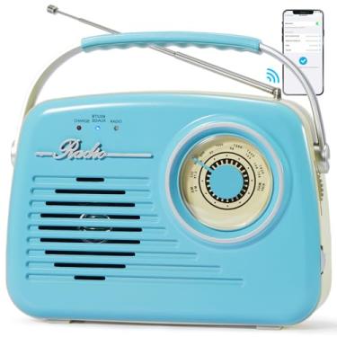 Imagem de Rádios portátil Am FM, pequeno retro vintage rádio Bluetooth, C*4 rádio de pilhas ou tomada de parede, suporte para cartão SD AUX USB reprodutor de MP3 para casa / ao ar livre (azul)