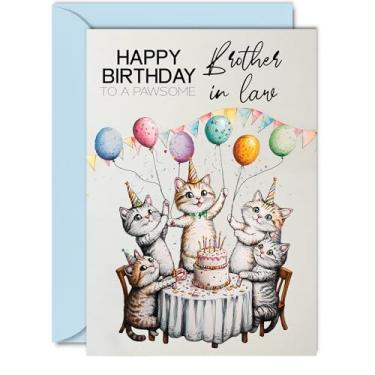 Imagem de Cartão de aniversário de cunhado - balões de gatos de festa pawsome - Cartão de feliz aniversário para cunhado da irmã, cartões comemorativos de aniversário de gato macho A5