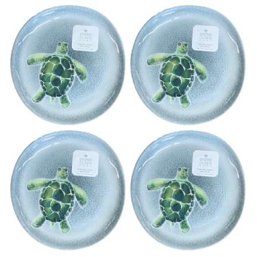 Imagem de Sigrid Olsen Pratos de jantar de melamina de tartaruga marinha doméstica, 28 x 26,7 cm, conjunto de 4, fundo azul crackle