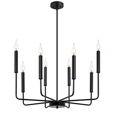 Imagem de Yasince Lustre de casa de fazenda preta moderna, lustres de metal industrial com 8 luzes, lustres clássicos para pendurar no teto para sala de estar, sala de jantar, ilha de cozinha, corredor