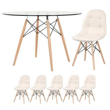Imagem de Mesa Eames Com Tampo De Vidro 120 Cm + 5 Cadeiras Estofadas Eiffel Botonê Creme